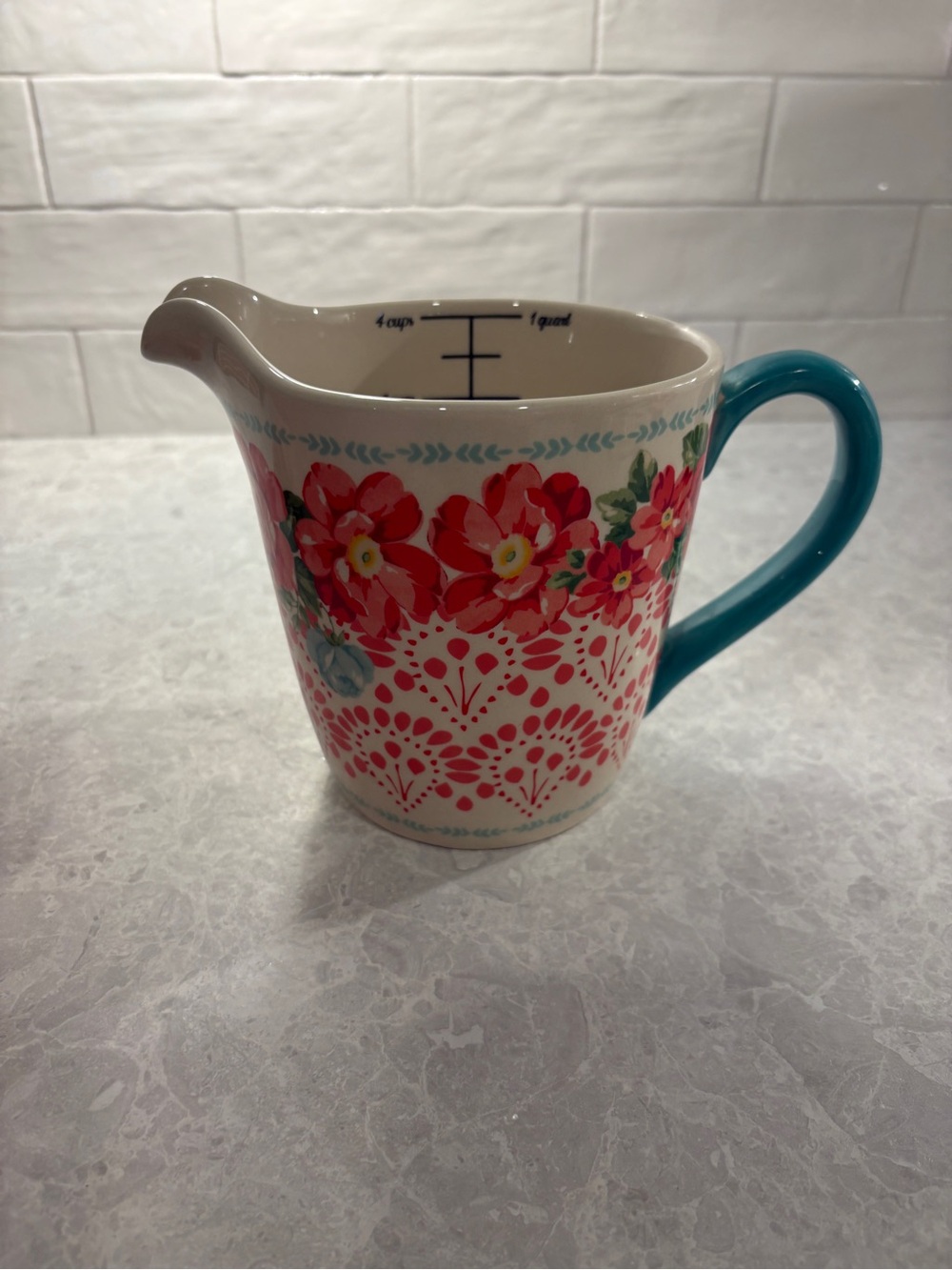 Pioneer Woman Floral Measuring Pourer Pitcher with Teal Handle